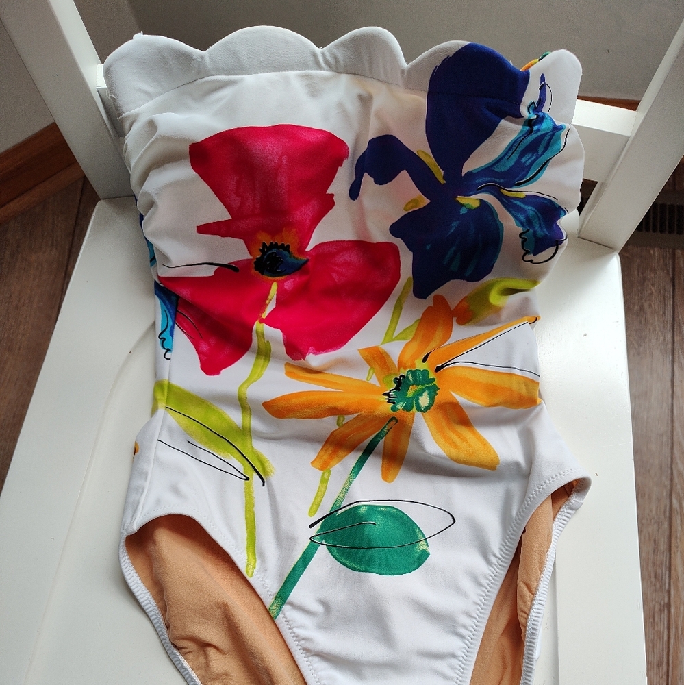 Spiegel White Strapless One Piece Swimsuit Floral High Leg VTG Sz 10, Fits Sz 6